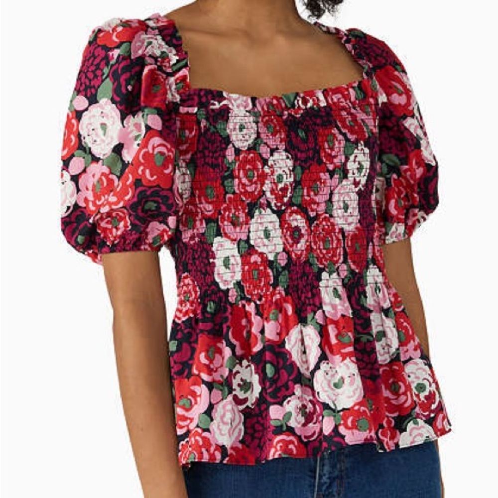 kate spade rose puff sleeve ruched peplum blouse women’s size XS red pink